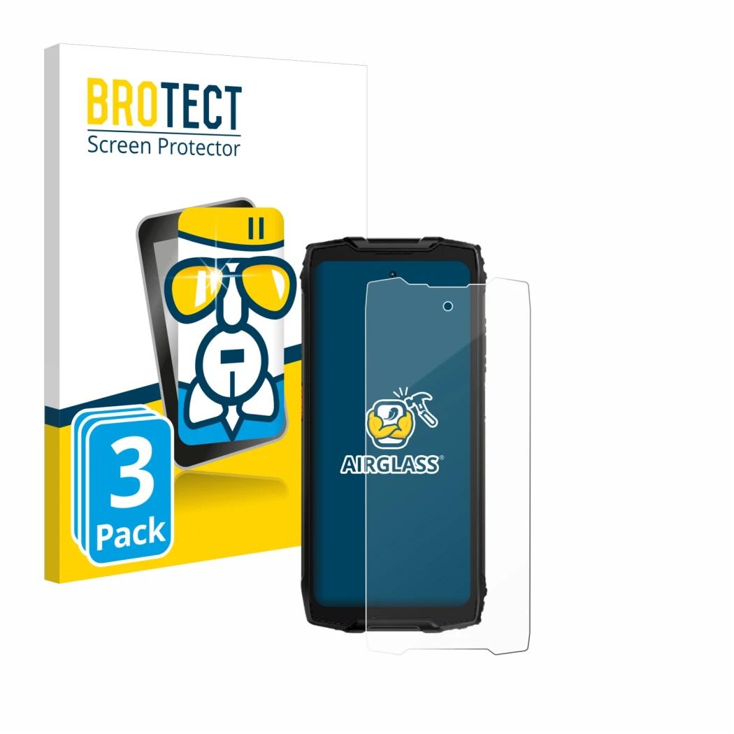 Face avant d’un emballage produit avec le logo de la marque BROTECT. À côté, l’appareil Blackview BV9300 Pro est représenté av