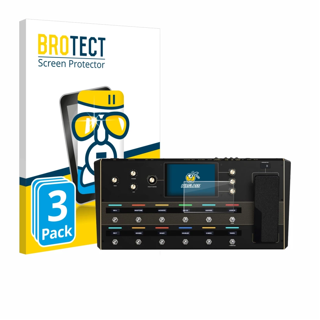 Face avant d’un emballage produit avec le logo de la marque BROTECT. À côté, l’appareil Headrush Prime est représenté avec la