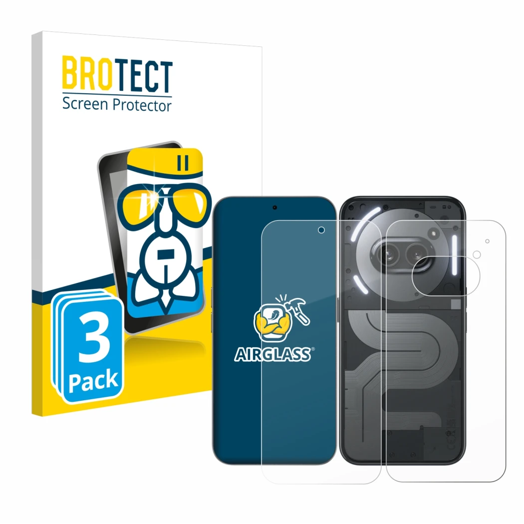 Face avant d’un emballage produit avec le logo de la marque BROTECT. À côté, l’appareil Nothing Phone (2a) Plus (Avant+Arrière