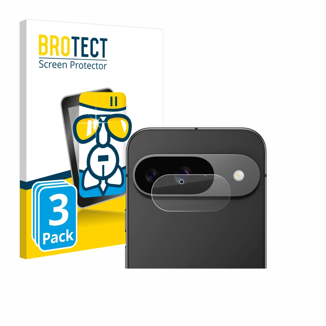 Face avant d’un emballage produit avec le logo de la marque BROTECT. À côté, l’appareil Google Pixel 9 (Caméra UNIQUEMENT) est