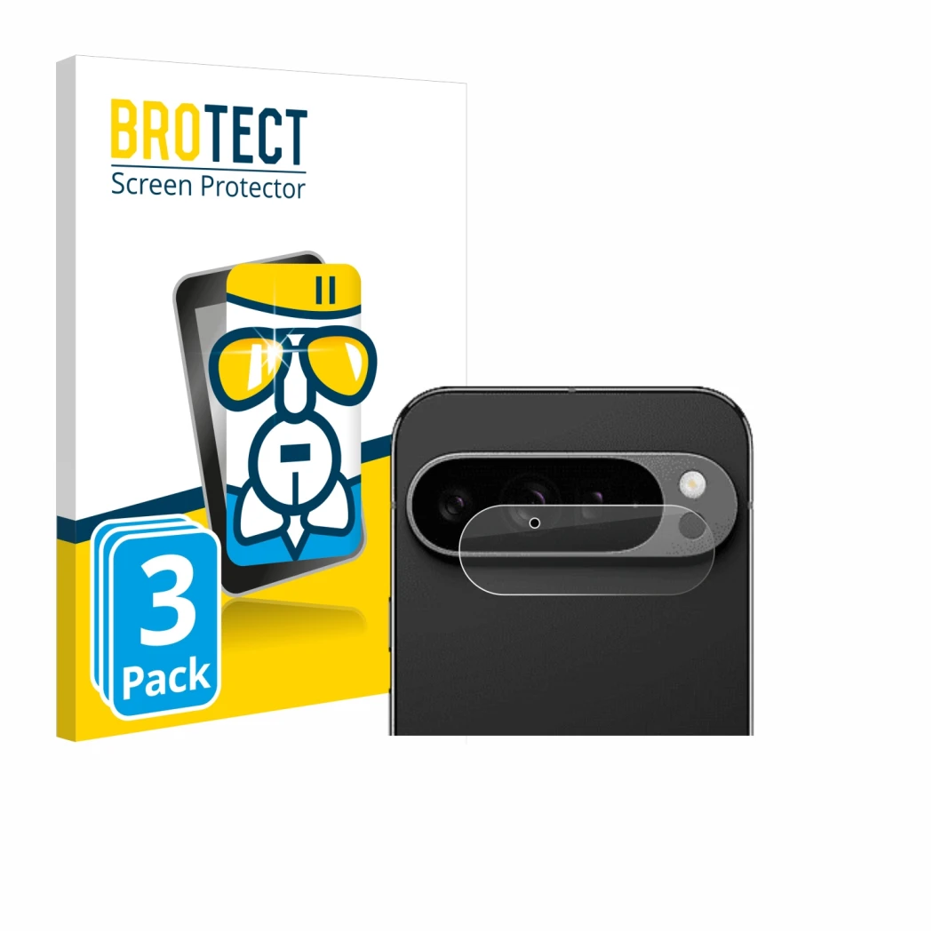 Face avant d’un emballage produit avec le logo de la marque BROTECT. À côté, l’appareil Google Pixel 9 Pro XL (Caméra UNIQUEME