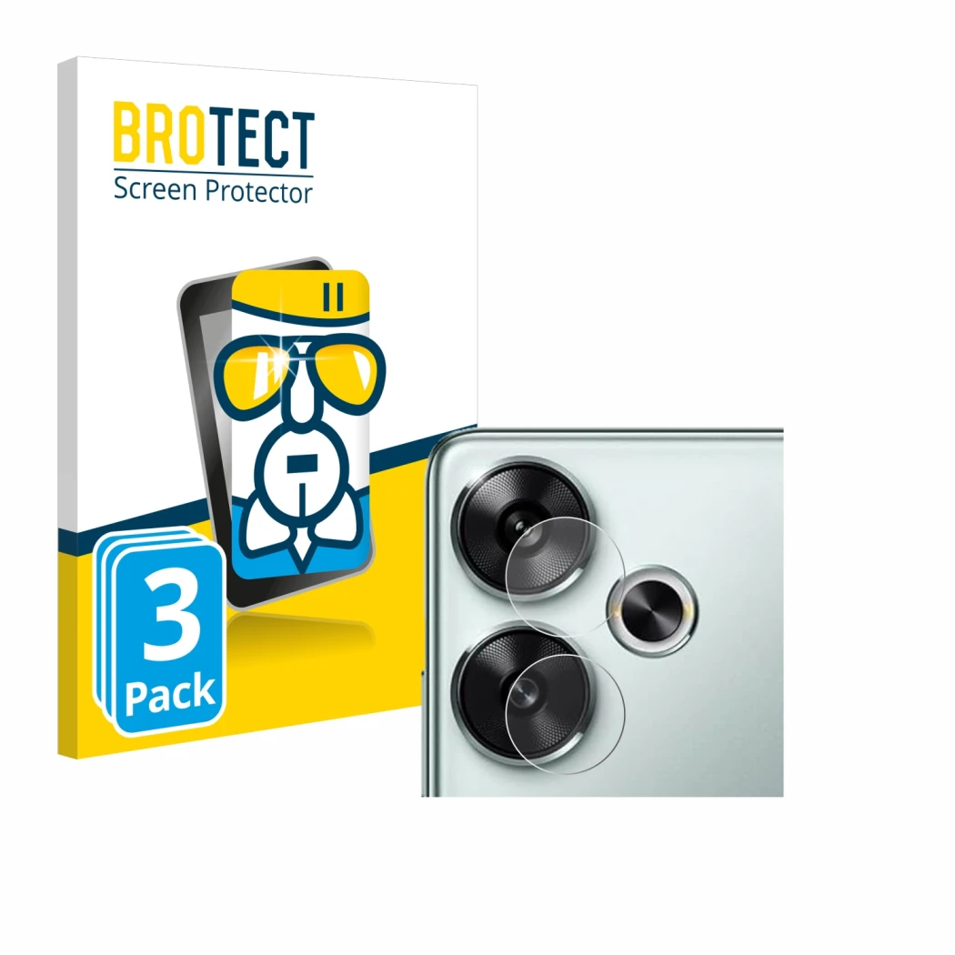 Face avant d’un emballage produit avec le logo de la marque BROTECT. À côté, l’appareil Xiaomi Poco F6 (Caméra UNIQUEMENT) est