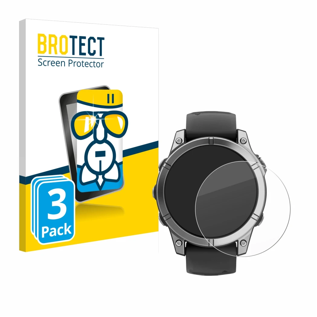 Face avant d’un emballage produit avec le logo de la marque BROTECT. À côté, l’appareil Garmin Fenix E est représenté avec la 