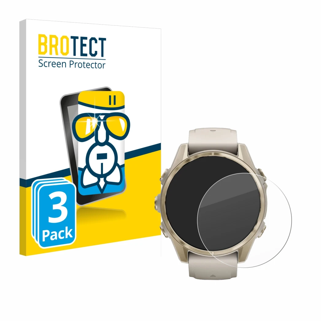 Face avant d’un emballage produit avec le logo de la marque BROTECT. À côté, l’appareil Garmin Fenix 8 (43 mm) est représenté 