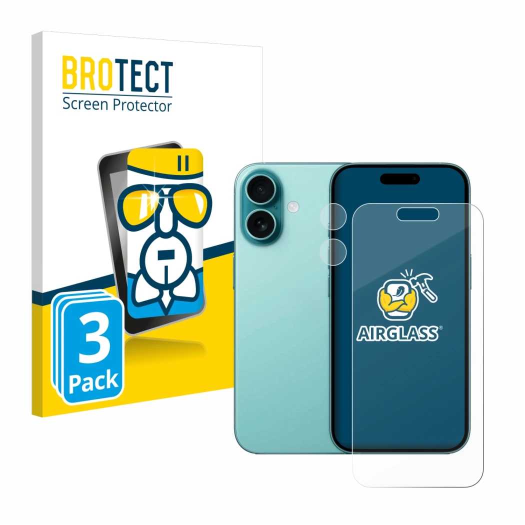 Face avant d’un emballage produit avec le logo de la marque BROTECT. À côté, l’appareil Apple iPhone 16 (Avant+Caméra) est rep