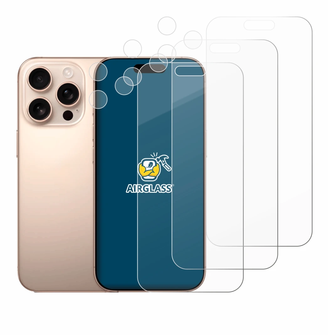 Image de l'appareil Apple iPhone 16 Pro Max (Avant+Caméra) avec une grande variété de protections d'écran.