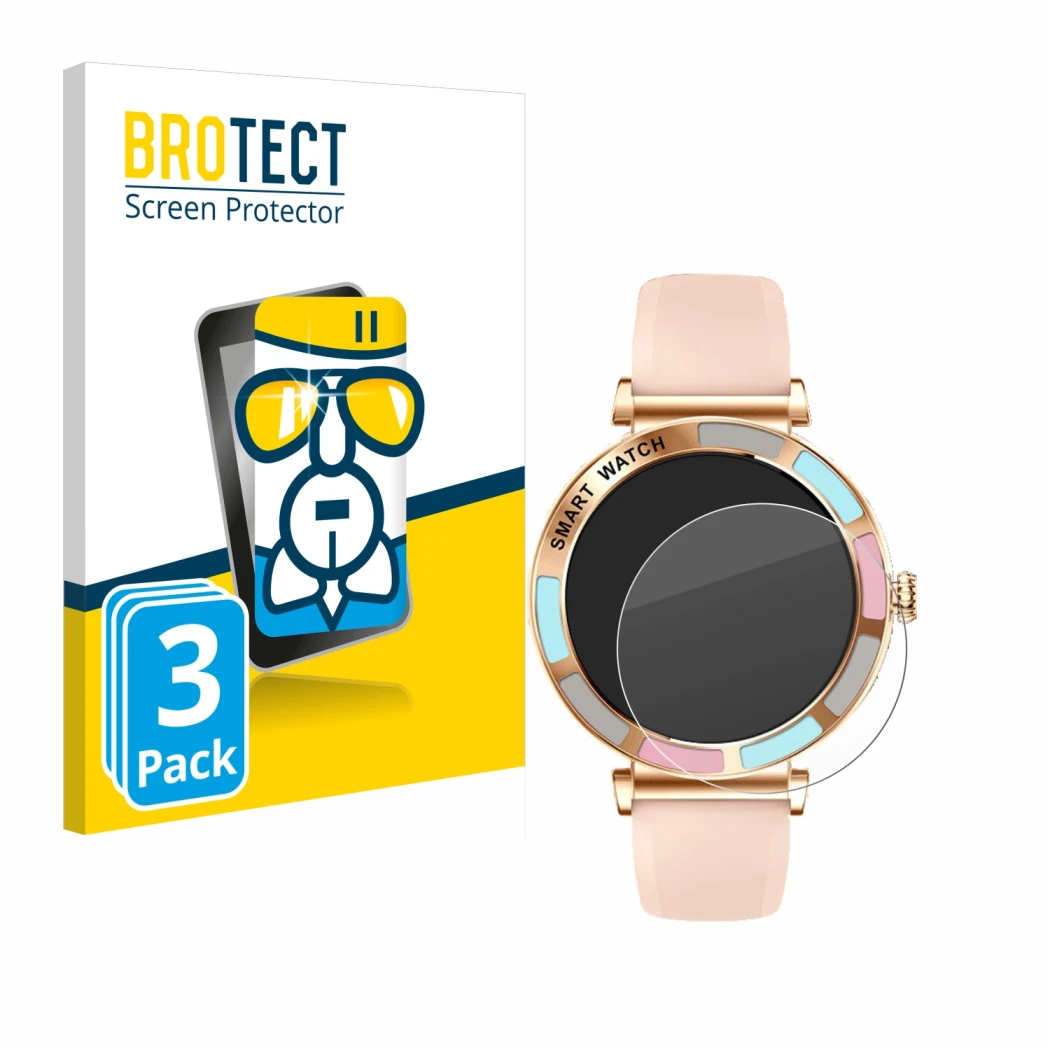 Face avant d’un emballage produit avec le logo de la marque BROTECT. À côté, l’appareil Bekomiya Smartwatch 1.27