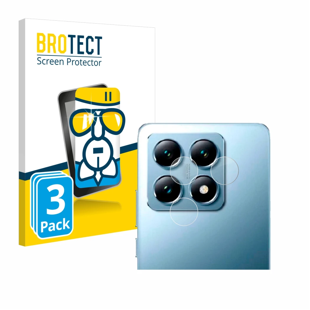 Face avant d’un emballage produit avec le logo de la marque BROTECT. À côté, l’appareil Xiaomi 14T (Caméra UNIQUEMENT) est rep
