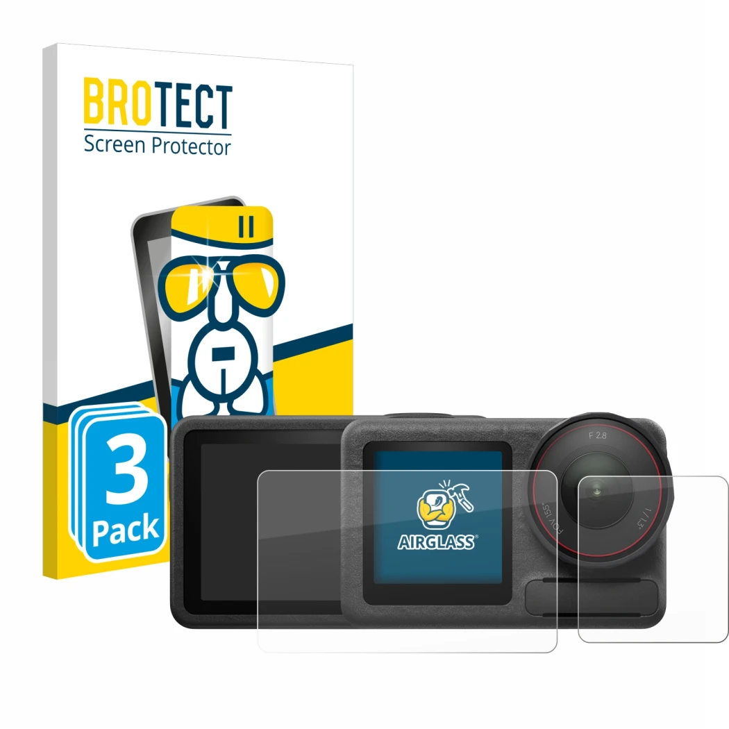 Face avant d’un emballage produit avec le logo de la marque BROTECT. À côté, l’appareil DJI Osmo Action 5 Pro (case-friendly) 