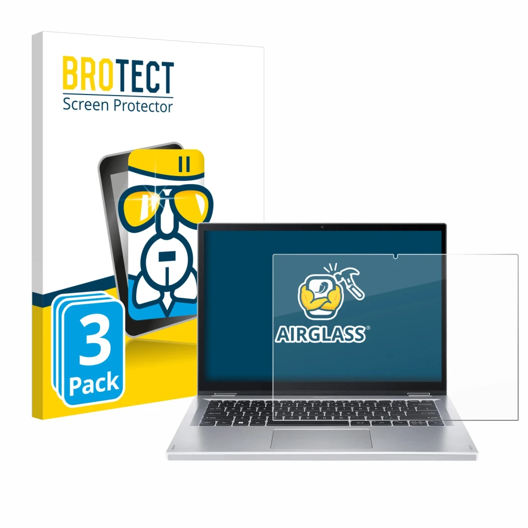 Face avant d’un emballage produit avec le logo de la marque BROTECT. À côté, l’appareil Acer Aspire 3 Spin A3SP14 est représen