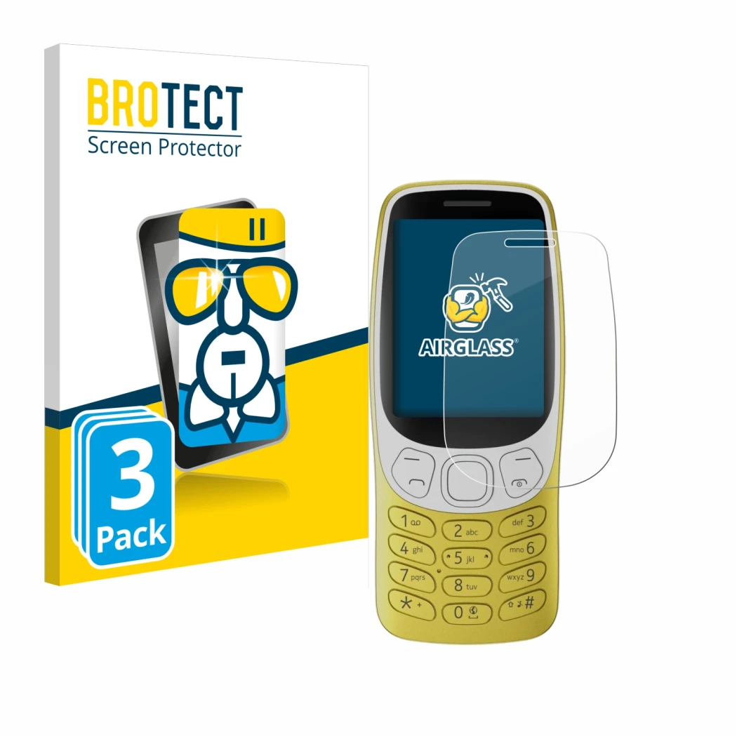 Face avant d’un emballage produit avec le logo de la marque BROTECT. À côté, l’appareil Nokia 3210 est représenté avec la prot
