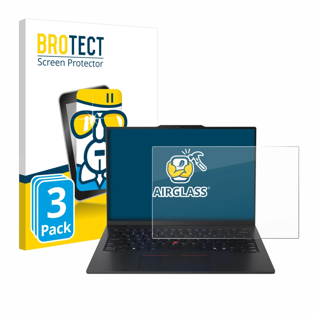 Face avant d’un emballage produit avec le logo de la marque BROTECT. À côté, l’appareil Lenovo ThinkPad X1 Carbon Gen 13 14