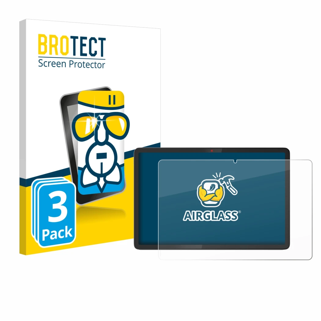 Face avant d’un emballage produit avec le logo de la marque BROTECT. À côté, l’appareil Lenovo Chromebook Duet 11M889 est repr