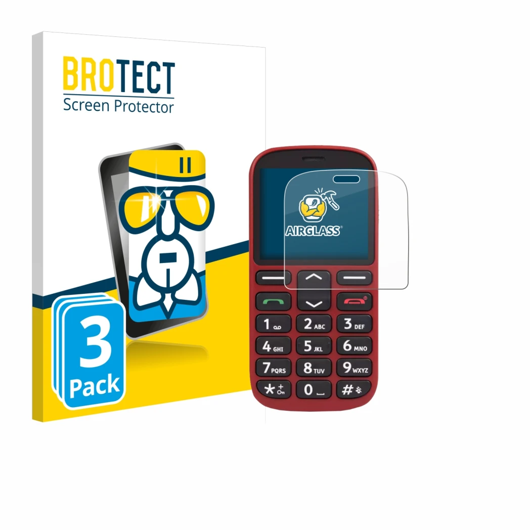 Face avant d’un emballage produit avec le logo de la marque BROTECT. À côté, l’appareil Doro 1360 est représenté avec la prote