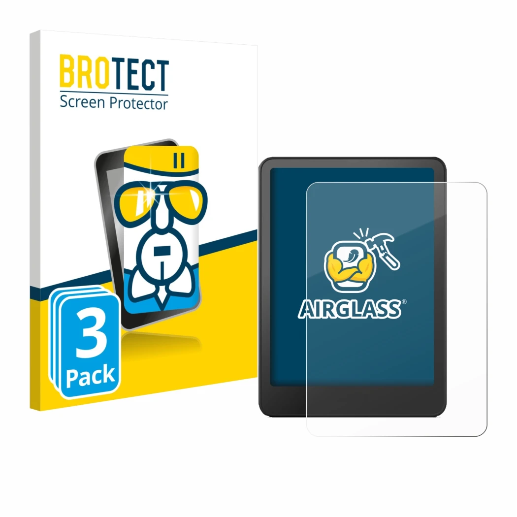 Face avant d’un emballage produit avec le logo de la marque BROTECT. À côté, l’appareil Amazon Kindle Paperwhite 2024 Signatur