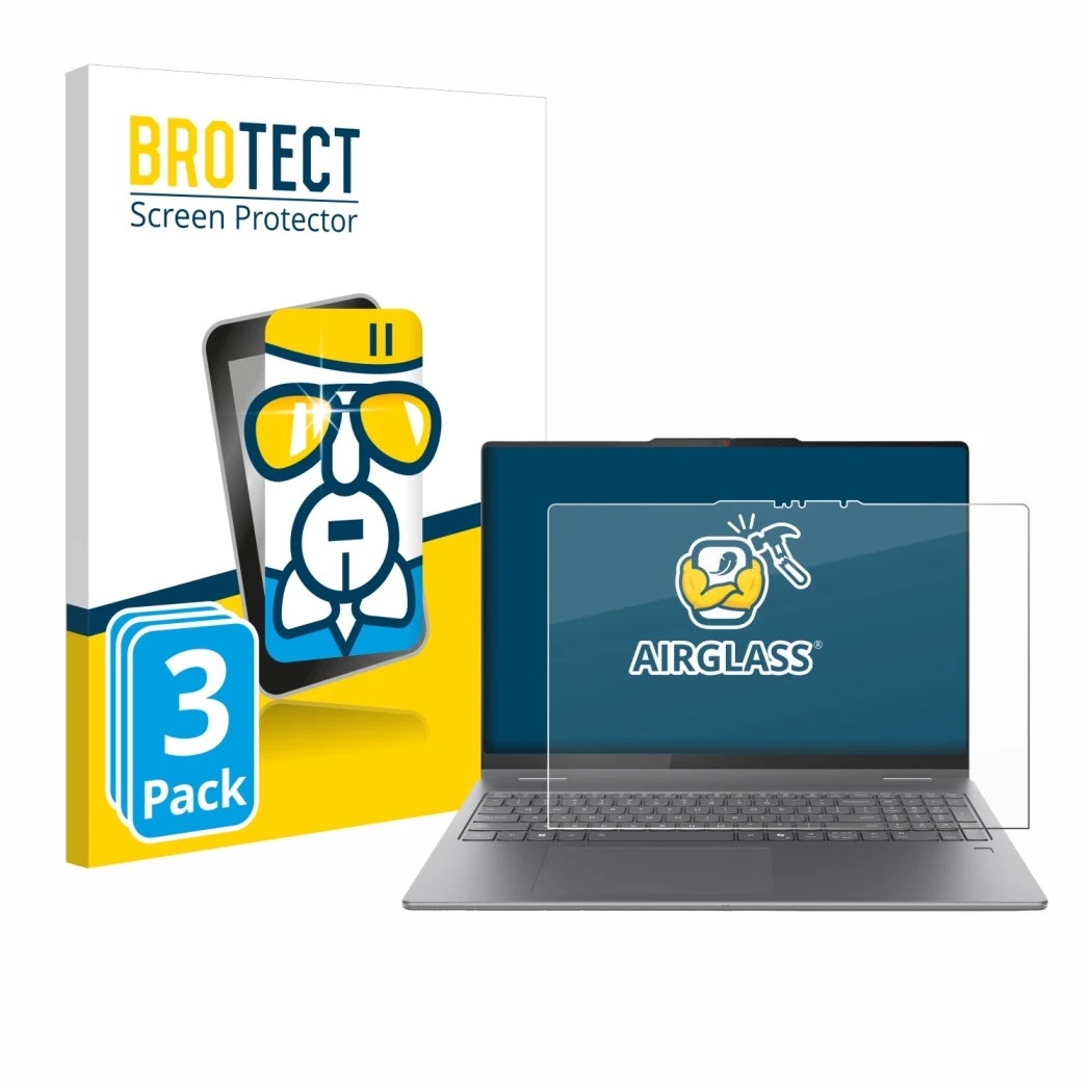 Face avant d’un emballage produit avec le logo de la marque BROTECT. À côté, l’appareil Lenovo Yoga 7 2-in-1 Gen 10 16