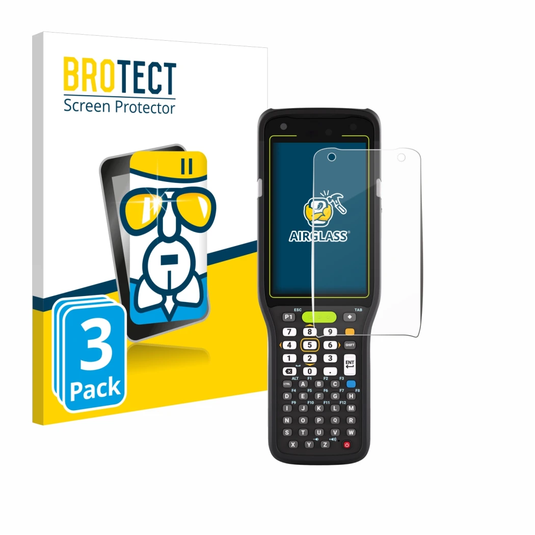 Face avant d’un emballage produit avec le logo de la marque BROTECT. À côté, l’appareil Zebra MC3400 est représenté avec la pr