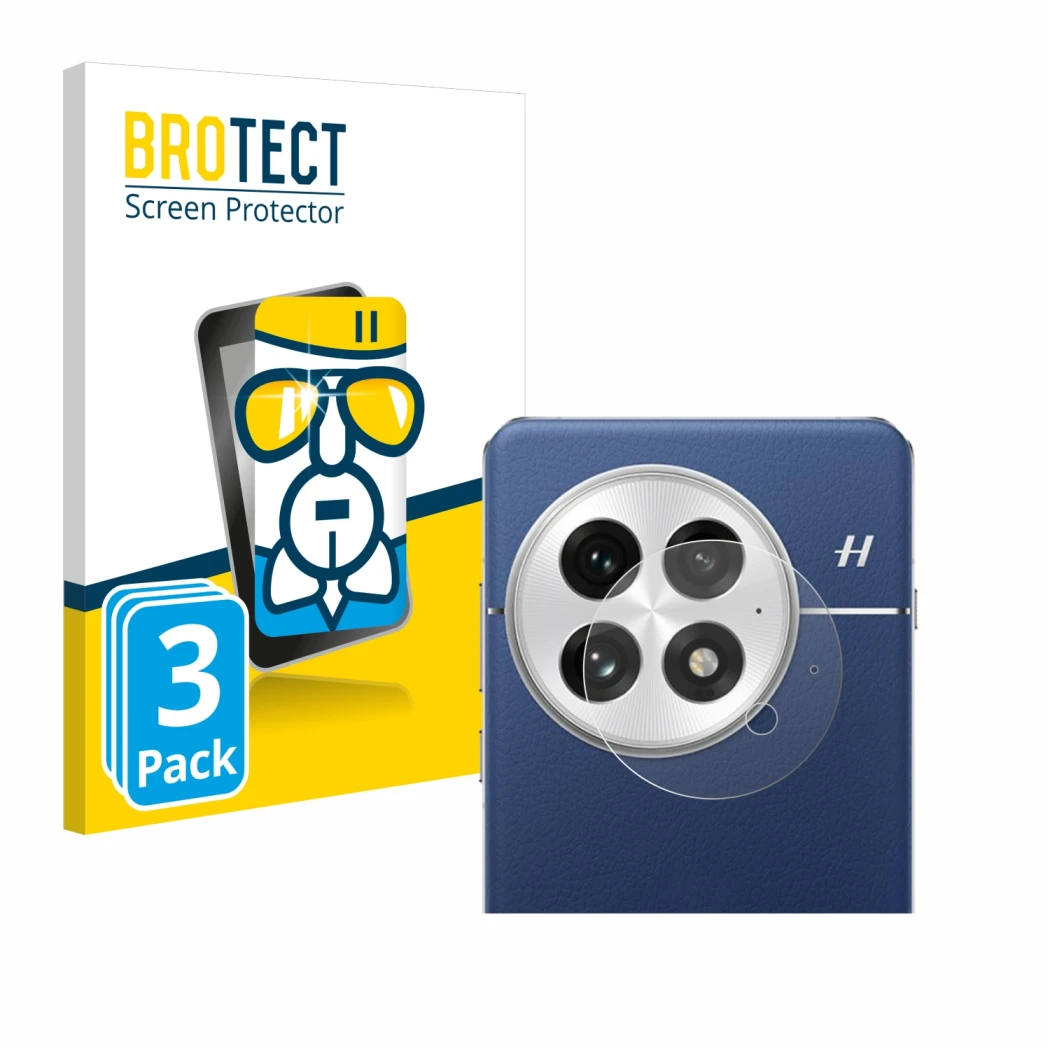 Face avant d’un emballage produit avec le logo de la marque BROTECT. À côté, l’appareil OnePlus 13 (Caméra UNIQUEMENT) est rep