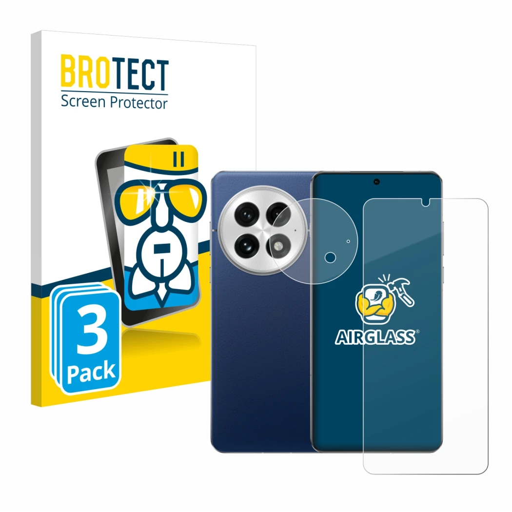 Face avant d’un emballage produit avec le logo de la marque BROTECT. À côté, l’appareil OnePlus 13 (Avant+Caméra) est représen