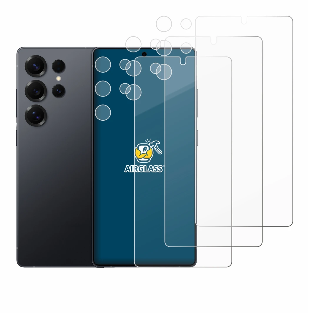 Image de l'appareil Samsung Galaxy S25 Ultra (Avant+Caméra) avec une grande variété de protections d'écran.