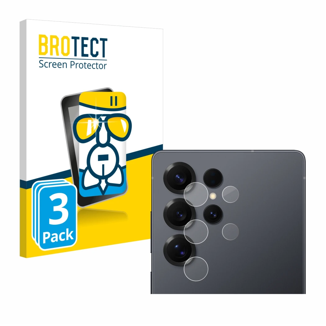 Face avant d’un emballage produit avec le logo de la marque BROTECT. À côté, l’appareil Samsung Galaxy S25 Ultra Enterprise Ed