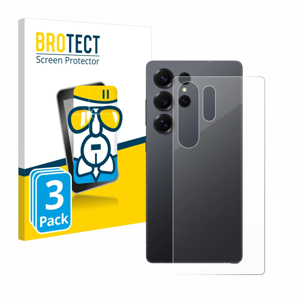 Face avant d’un emballage produit avec le logo de la marque BROTECT. À côté, l’appareil Samsung Galaxy S25 Ultra Enterprise Ed