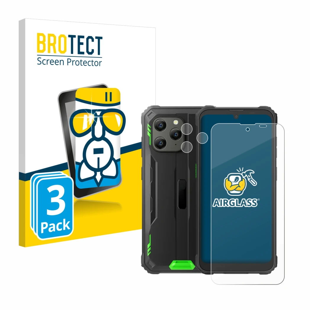 Face avant d’un emballage produit avec le logo de la marque BROTECT. À côté, l’appareil Blackview BV5300 Plus (Avant+Caméra) e