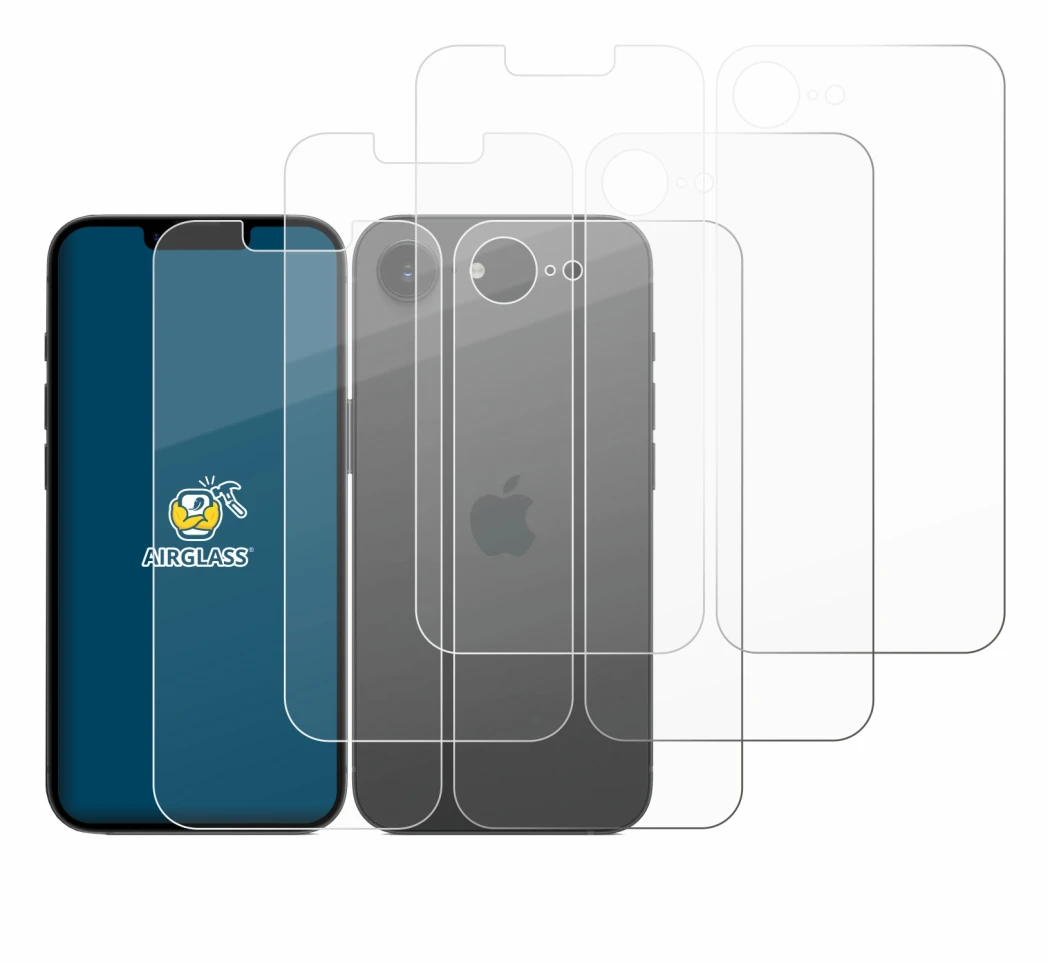 Image de l'appareil Apple iPhone 16e (Avant+Arrière) avec une grande variété de protections d'écran.