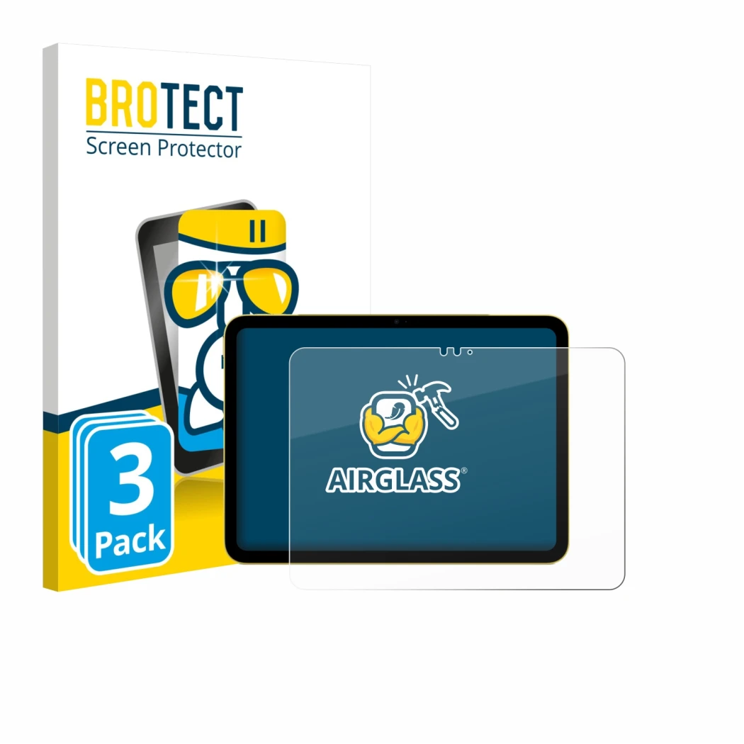 Face avant d’un emballage produit avec le logo de la marque BROTECT. À côté, l’appareil Apple iPad Air 11