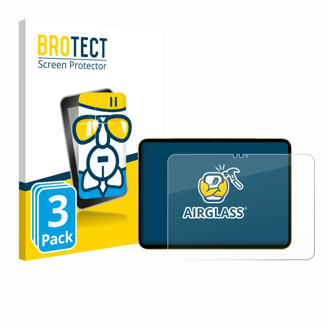 Face avant d’un emballage produit avec le logo de la marque BROTECT. À côté, l’appareil Apple iPad Air 11