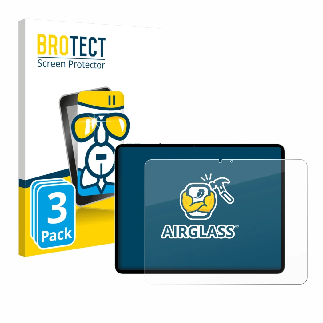 Face avant d’un emballage produit avec le logo de la marque BROTECT. À côté, l’appareil Apple iPad Air 13