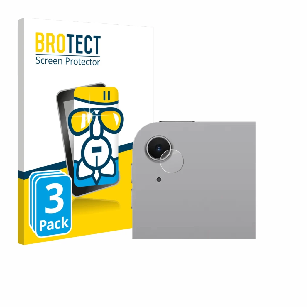 Face avant d’un emballage produit avec le logo de la marque BROTECT. À côté, l’appareil Apple iPad Air 11