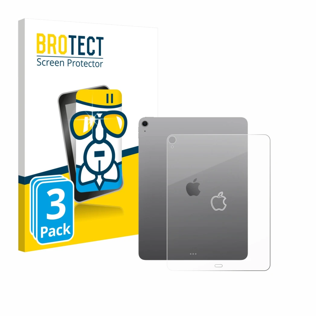 Face avant d’un emballage produit avec le logo de la marque BROTECT. À côté, l’appareil Apple iPad Air 13