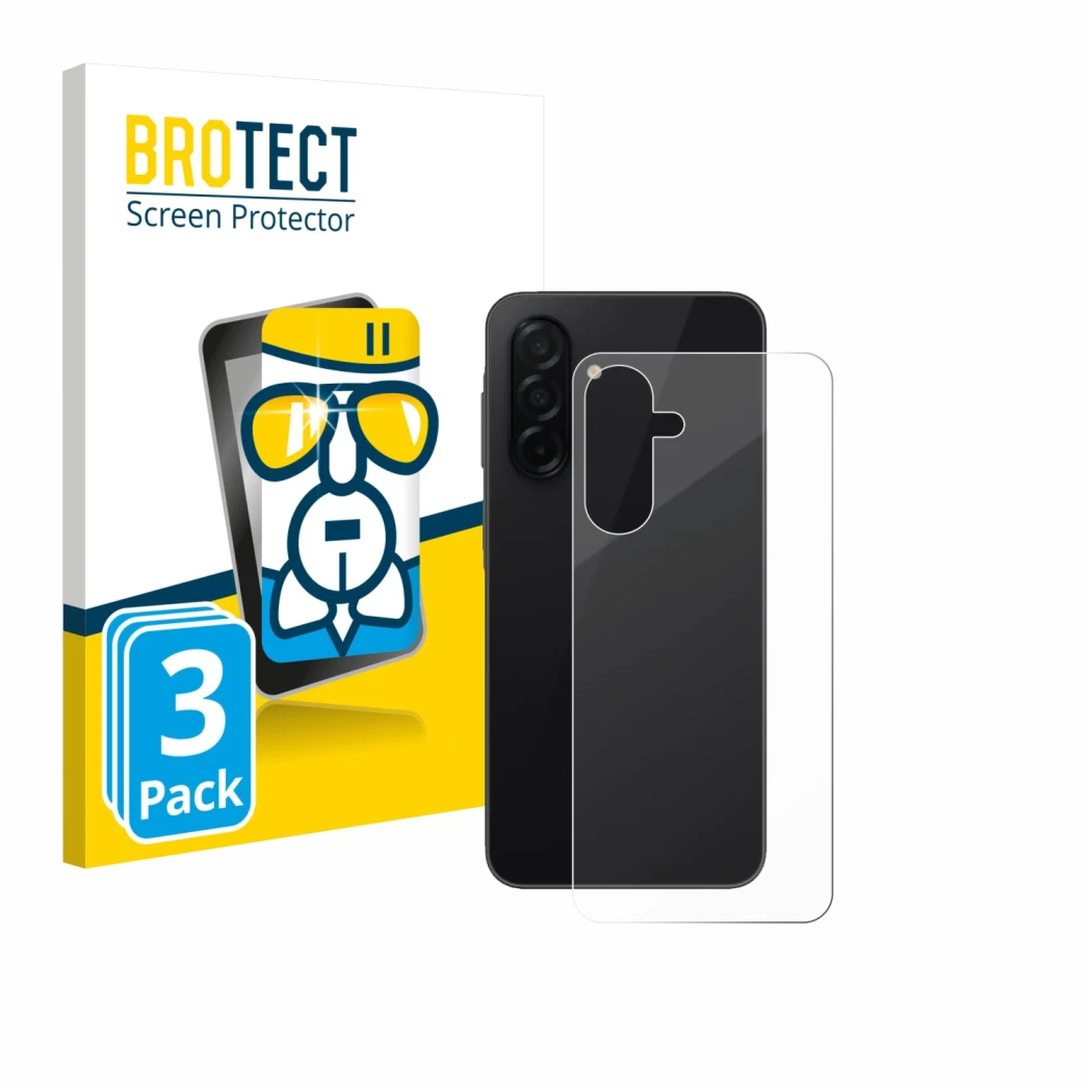 Face avant d’un emballage produit avec le logo de la marque BROTECT. À côté, l’appareil Samsung Galaxy A26 5G (Arrière) est re