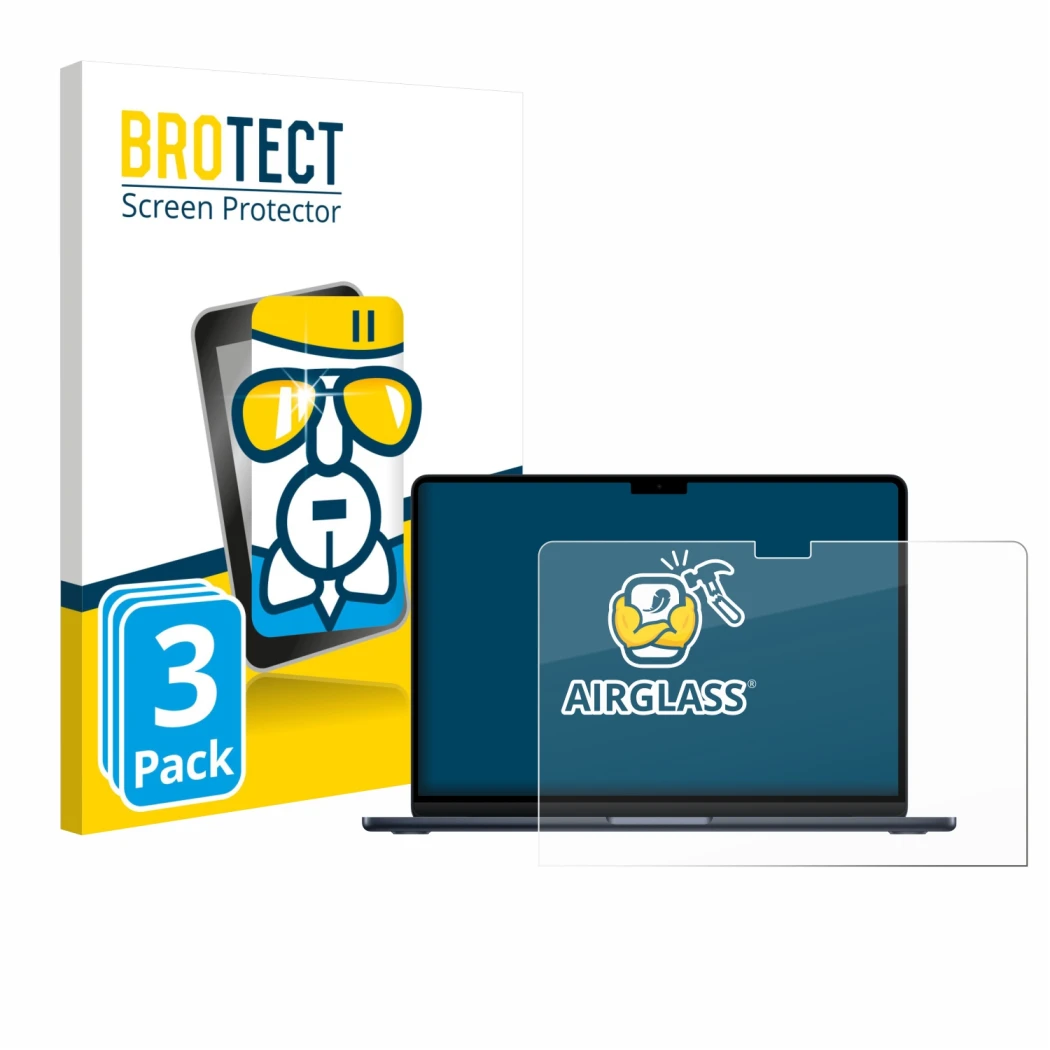 Face avant d’un emballage produit avec le logo de la marque BROTECT. À côté, l’appareil Apple MacBook Air 13