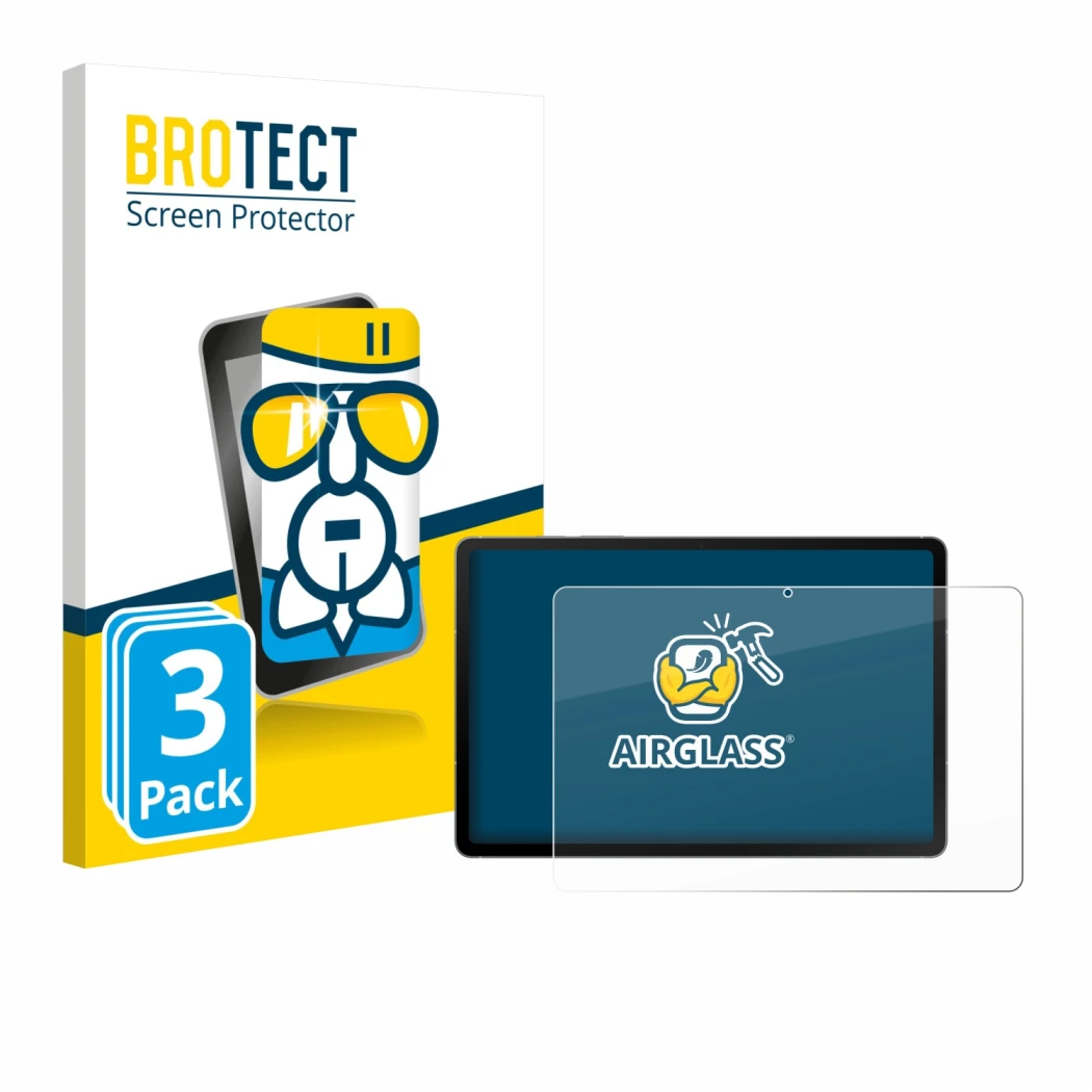 Face avant d’un emballage produit avec le logo de la marque BROTECT. À côté, l’appareil Samsung Galaxy Tab S10 FE WiFi est rep