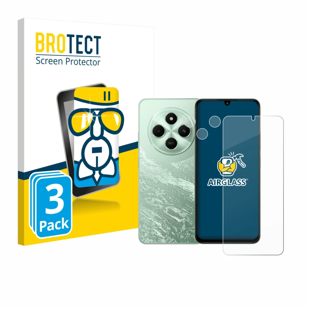 Face avant d’un emballage produit avec le logo de la marque BROTECT. À côté, l’appareil Xiaomi Poco C75 (Avant+Caméra) est rep