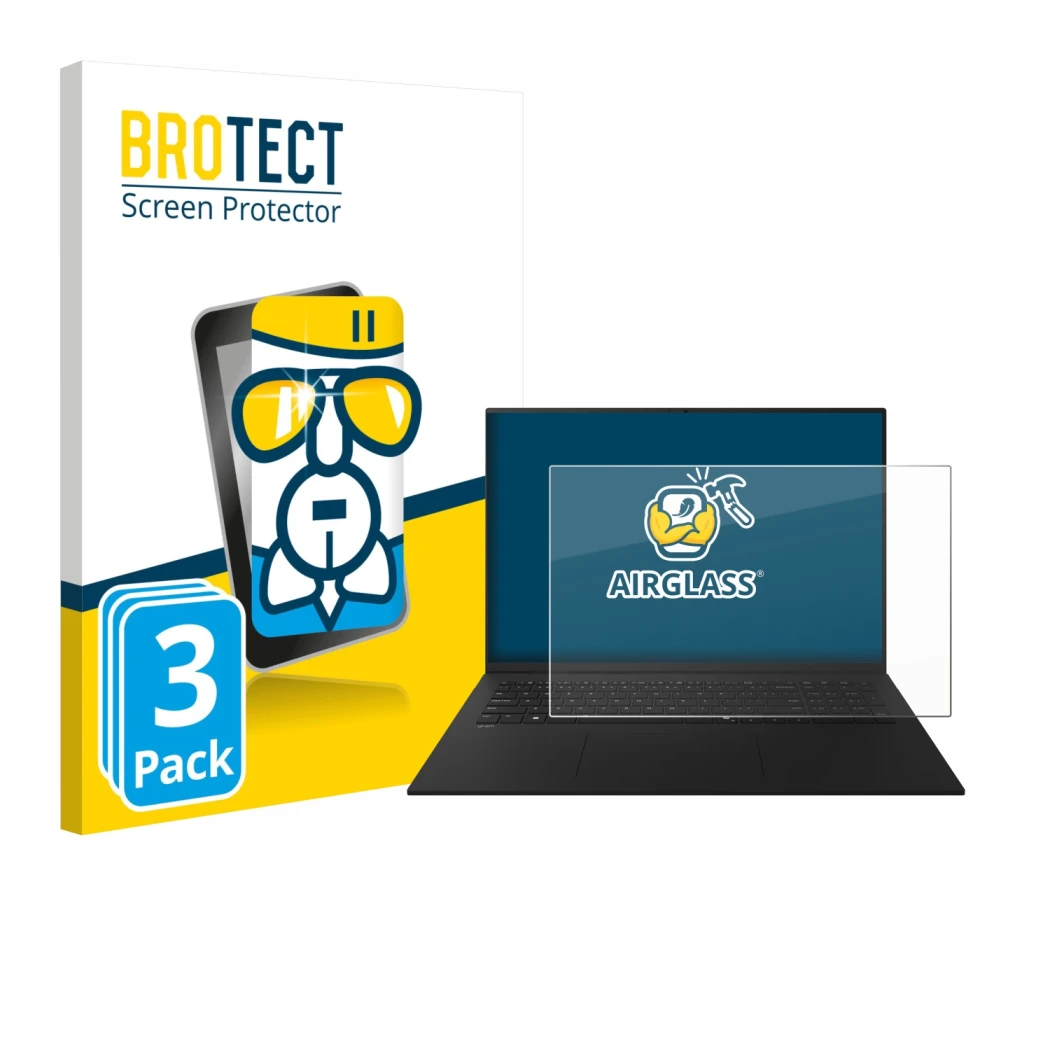 Face avant d’un emballage produit avec le logo de la marque BROTECT. À côté, l’appareil LG gram 17