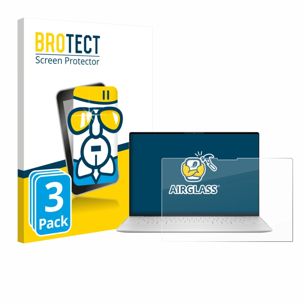 Face avant d’un emballage produit avec le logo de la marque BROTECT. À côté, l’appareil Dell XPS 13 9350 2024 est représenté a