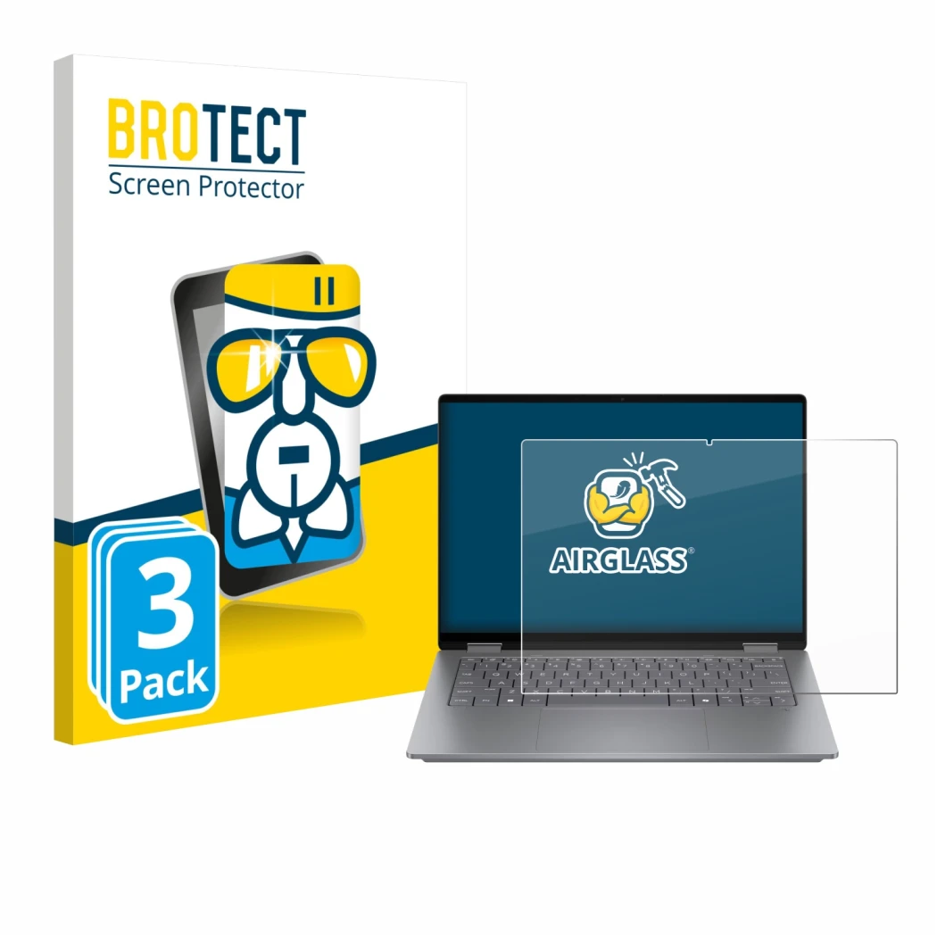 Face avant d’un emballage produit avec le logo de la marque BROTECT. À côté, l’appareil HP OmniBook X Flip 14 est représenté a