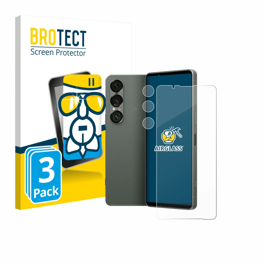 Face avant d’un emballage produit avec le logo de la marque BROTECT. À côté, l’appareil Sony Xperia 1 VII (Avant+Caméra) est r