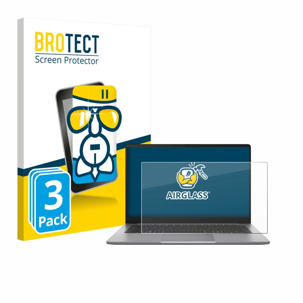 Face avant d’un emballage produit avec le logo de la marque BROTECT. À côté, l’appareil ASUS ExpertBook P1 P1403 est représent