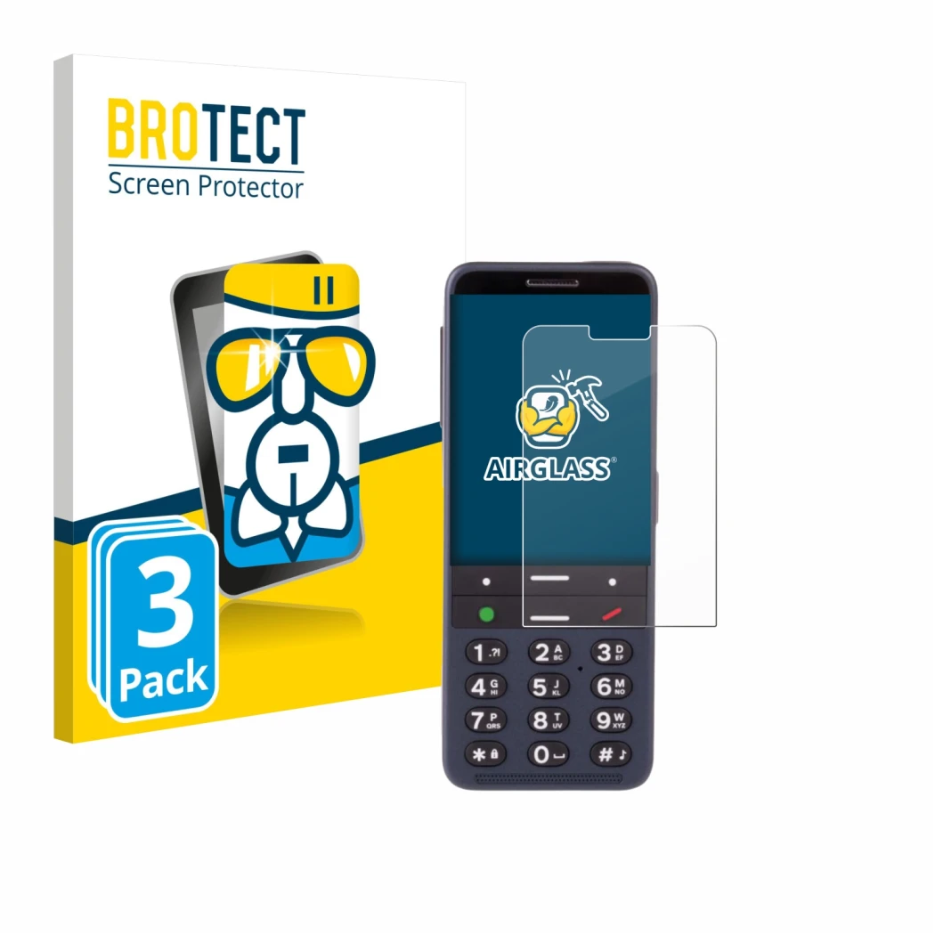 Face avant d’un emballage produit avec le logo de la marque BROTECT. À côté, l’appareil BlindShell Classic 3 est représenté av