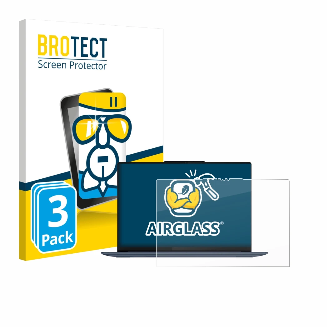 Face avant d’un emballage produit avec le logo de la marque BROTECT. À côté, l’appareil Lenovo Yoga Slim 7 14Q8X9 est représen