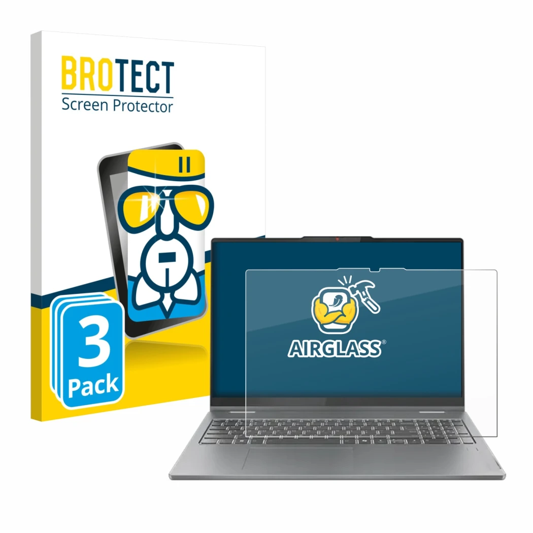 Face avant d’un emballage produit avec le logo de la marque BROTECT. À côté, l’appareil Lenovo IdeaPad 5 2-in-1 Gen 10 16