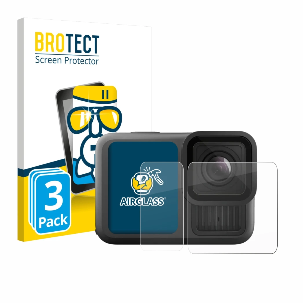 Face avant d’un emballage produit avec le logo de la marque BROTECT. À côté, l’appareil GoPro Hero 13 Black Ultra Wide Edition