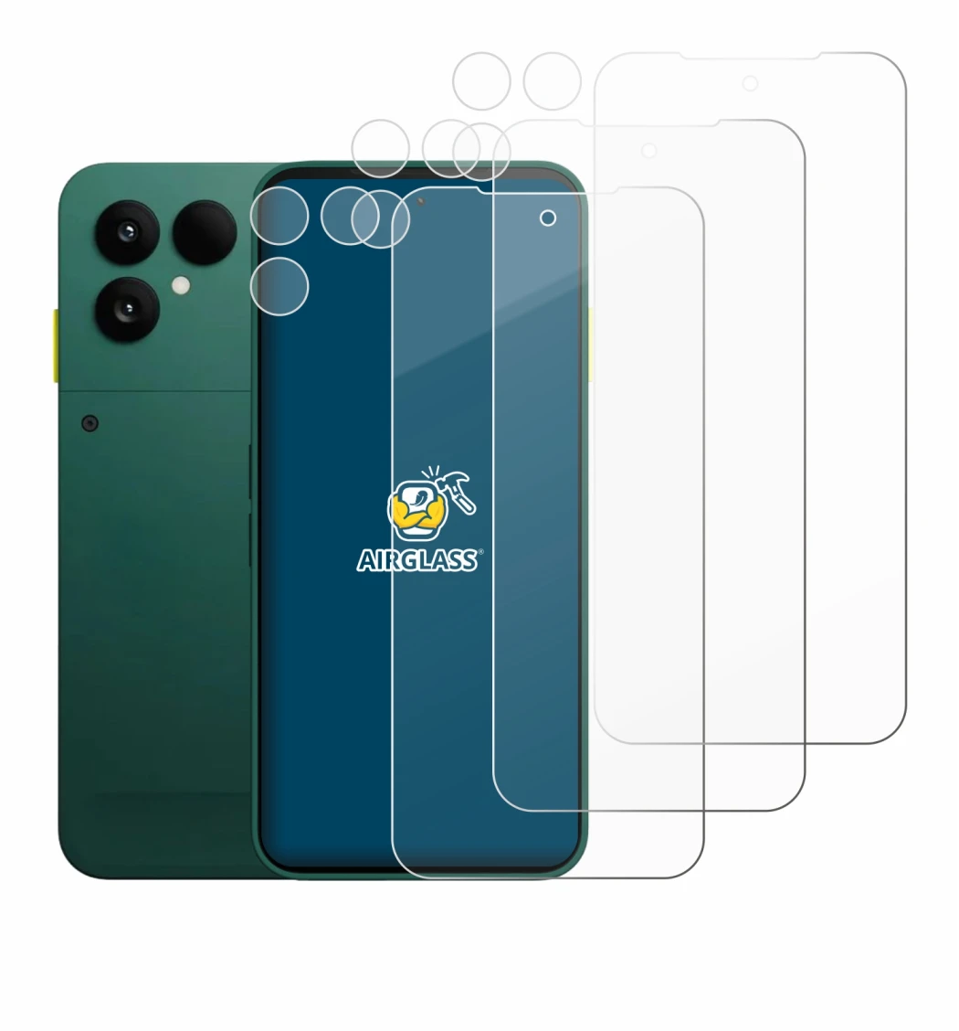 Image de l'appareil Fairphone 6 (Avant+Caméra) avec une grande variété de protections d'écran.