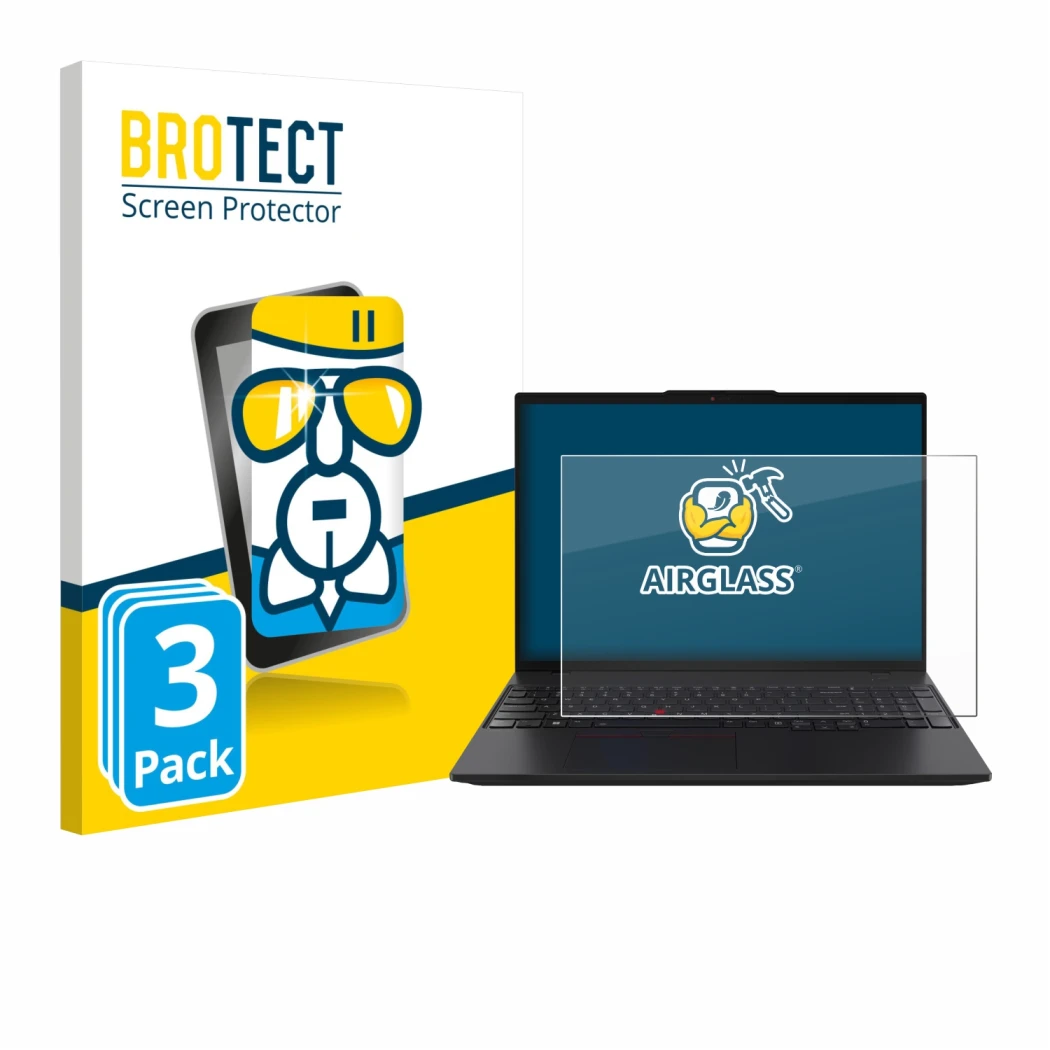 Face avant d’un emballage produit avec le logo de la marque BROTECT. À côté, l’appareil Lenovo ThinkPad L16 Gen 2 est représen