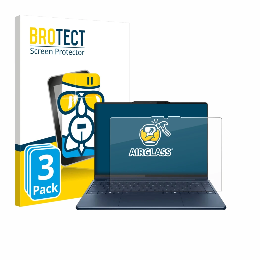 Face avant d’un emballage produit avec le logo de la marque BROTECT. À côté, l’appareil Lenovo Yoga Pro 9i Gen 10 Aura Edition