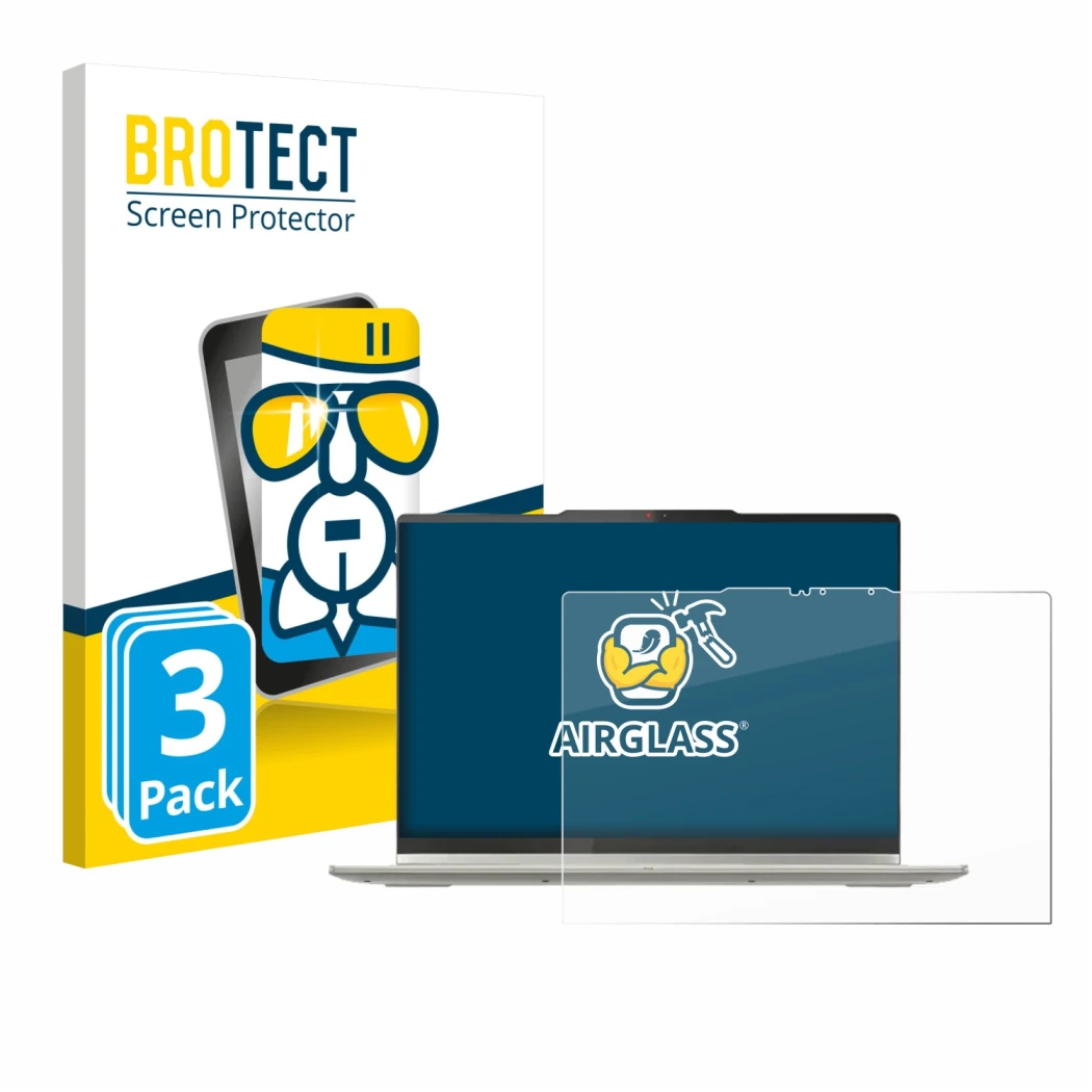 Face avant d’un emballage produit avec le logo de la marque BROTECT. À côté, l’appareil Lenovo Yoga 7 2-in-1 Gen 10 14